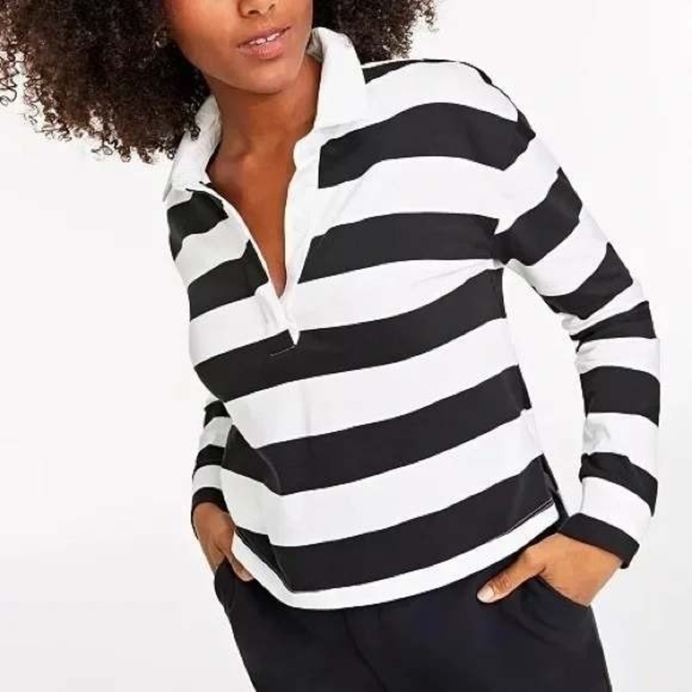 Womens 2XL Rugby Polo Shirt Striped Black White Preppy Nautical Top -On 34th